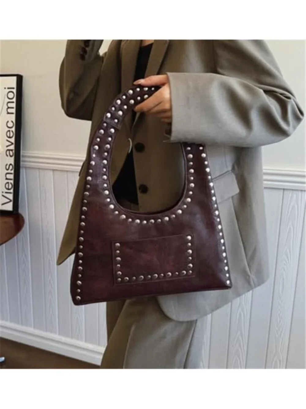 Studded Hobo Bag Vegan Leather Y2K Punk Vintage Shoulder Tote